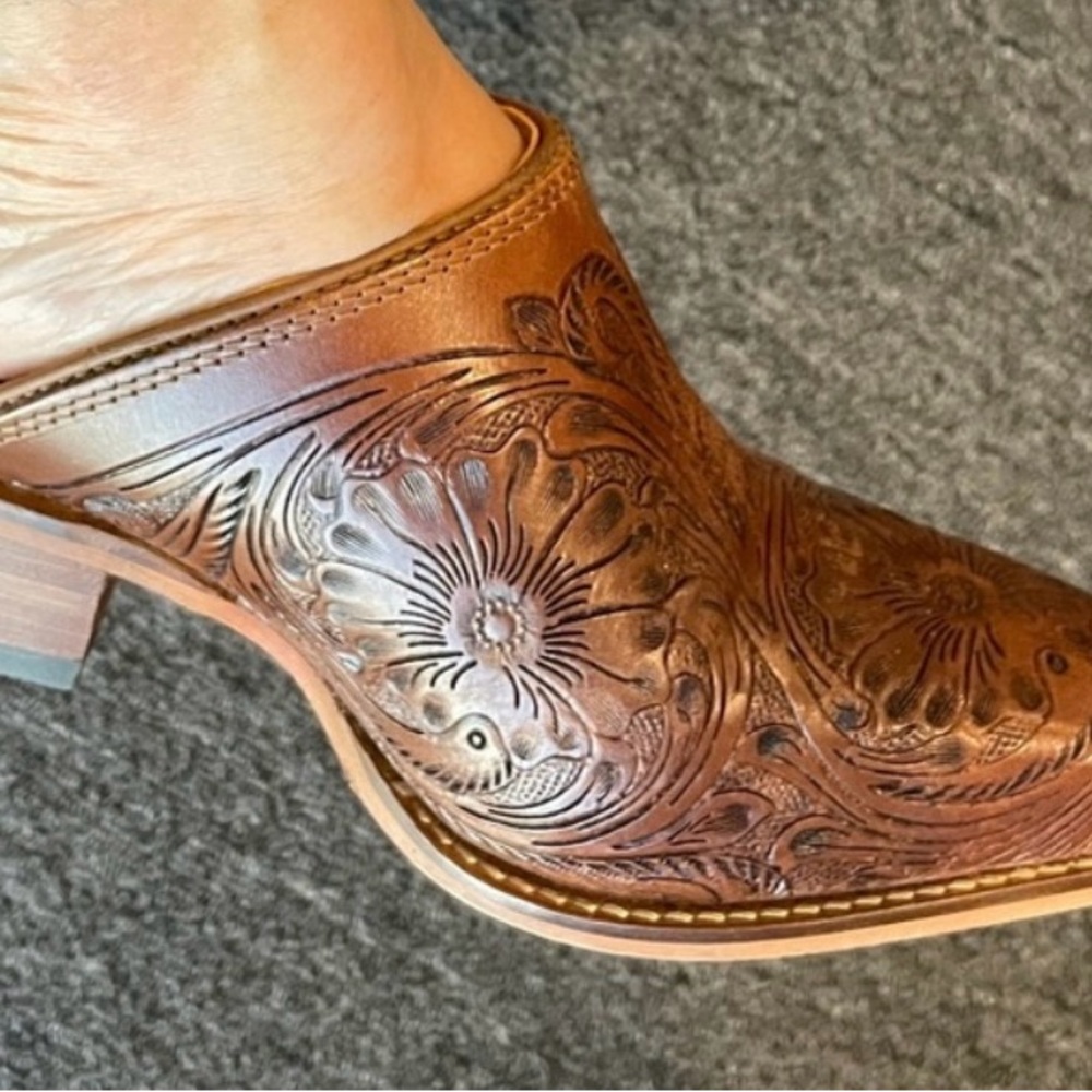 Myra Bag Tan Floral Embossed Mules - Picture 3 of 5